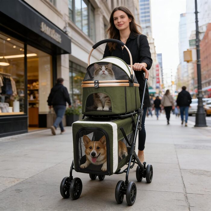 Дитяча коляска для тварин, бугі, складна, для собак та котів, з дихаючого мережива + водонепроникний оксфорд 300D + 4 колеса, переносна сумка для собак, складна до 20 кг (92 x 56 x 33 (зелений, 97*58*46))