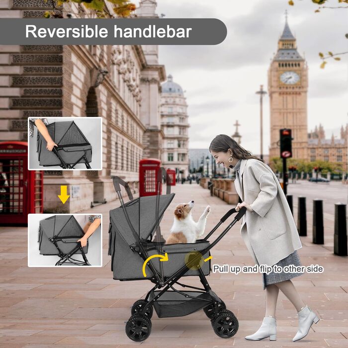 Візок для собак Wedyvko до 20 кг, 4 колеса, складний, для маленьких та середніх собак та котів, з кошиком для зберігання та тримачем для напоїв, зелений (A-темно-сірий)