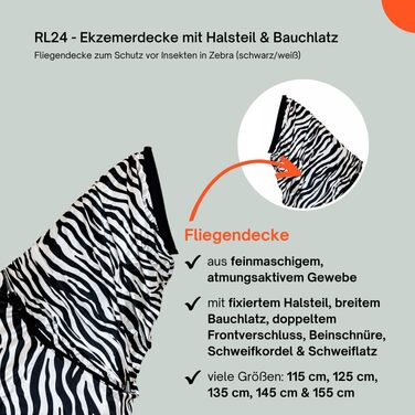 Захисна ковдра для коней Ekzemerdecke з начохолом та животом – від комах, чорно-біла, 155 см