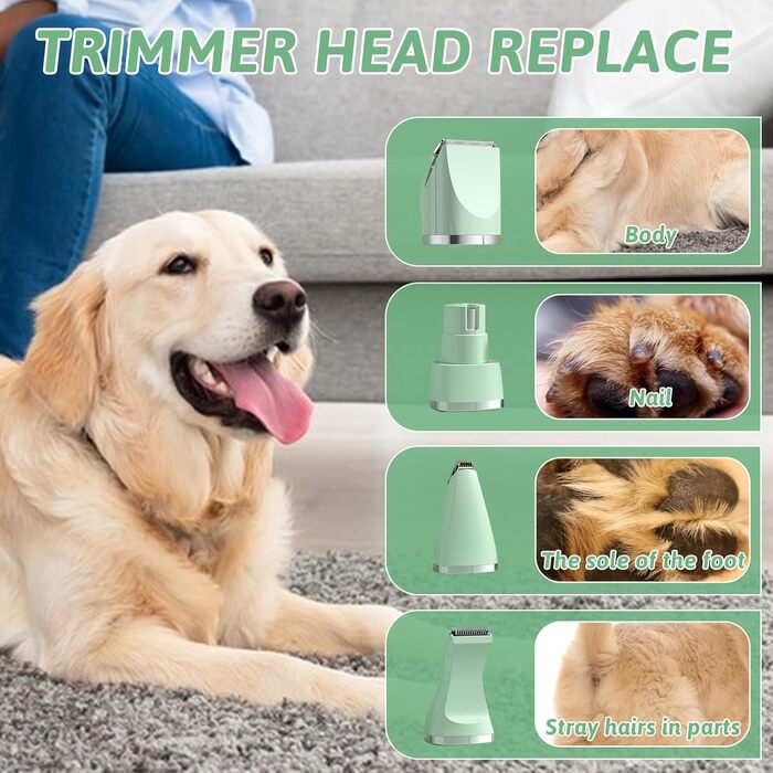 Машина для стрижки собак та котів 4-в-1, з 4 насадками, триммер для лап, точилка для кігтів, вологостійка, для тіла, обличчя, зеленого кольору