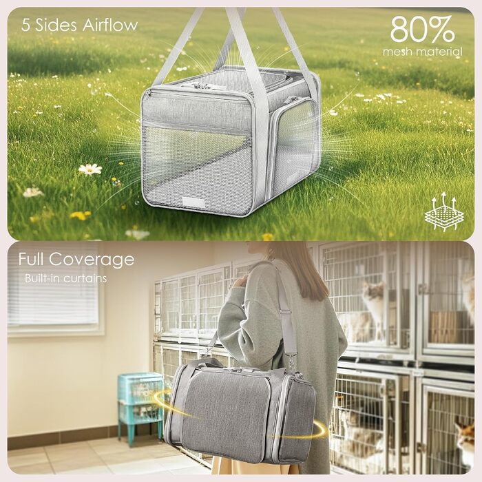 Розширювана сумка-переноска для собак та котів TSA Airline Approved (сіра, L 46x28x28 см) з самоблокуючими застібками для цуценят, кошенят та гризунів