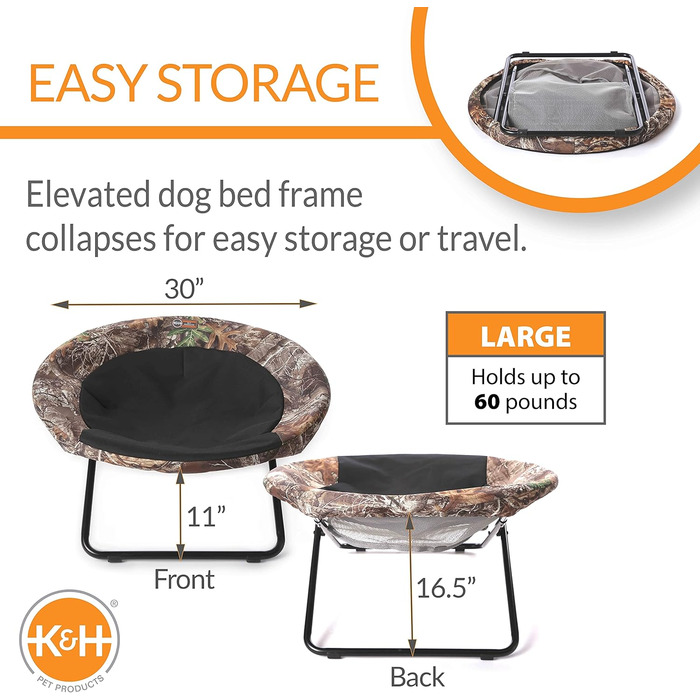 К&H Pet Products Підвищене затишне ліжко для тварин, Realtree Edge, велике, 76 см, 76 x 76 x 43 см