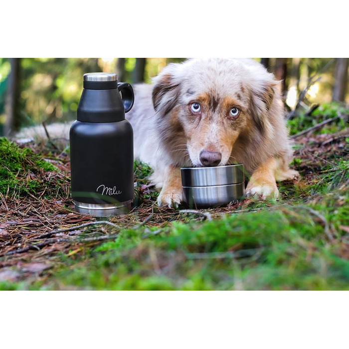 Водяна пляшка для собак Milu 950мл з мискою для їжі - ізольована фляга з нержавіючої сталі, чорна (+гравіювання)