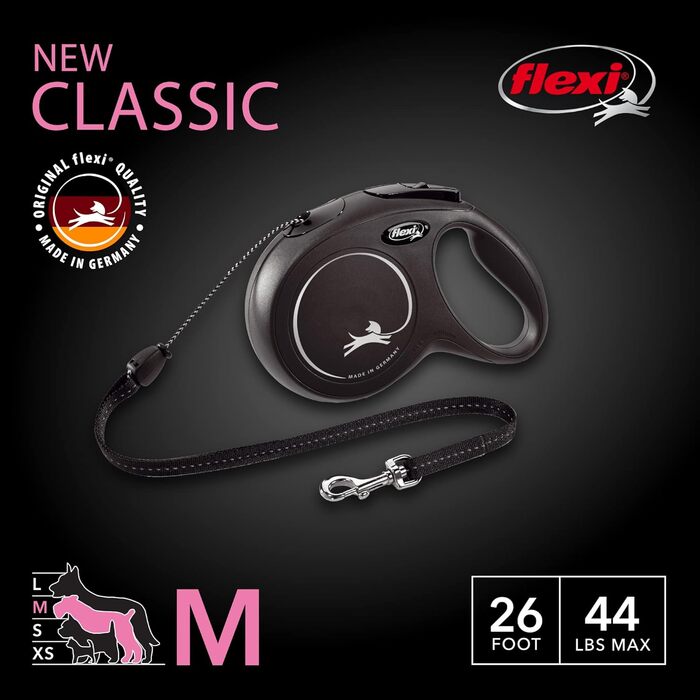 Flexi Classic повідок для собак (канатна), ергономічна, міцна, не заплутується, до 20 кг, 7,9 м, розмір M, чорна, 1 шт.