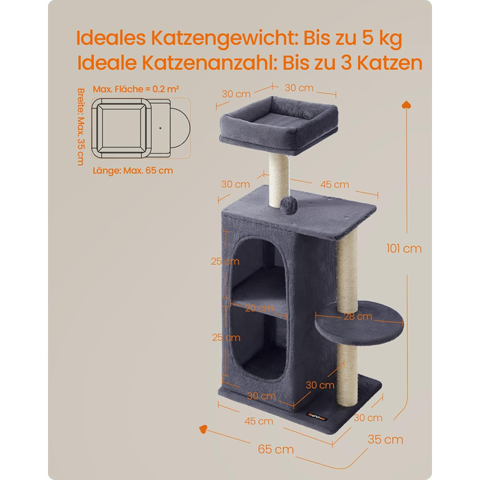 Дряпка для котів Feandrea, кігтеточка з 2 будиночками, кігтеві стовпи, для кількох котів, кошенят, сіра (PCT005G01)