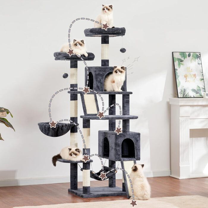 Комплекс для котів Kratzbaum GCT032W (180 см, димчасто-сірий) з 7 стовпчиками, 2 платформами, 2 печерами та 2 дошками для дряпання