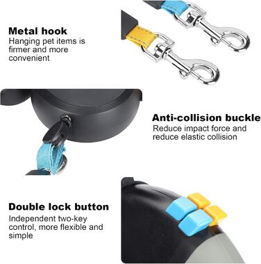Подвійна собача шлейка, висувна шлейка з LED-підсвічуванням для двох собак, з фіксатором, регульована шлейка для домашніх тварин з двома головами, 9,8 футів, поворот на 360° без перекручування (Чорний)