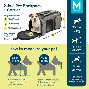 Рюкзак-переноска для тварин Sherpa 2-в-1, сірий, розмір M (43x27x28 см), дозволений авіакомпаніями, машинного прання, з сітчастим вікном, безпечними замками, легким каркасом