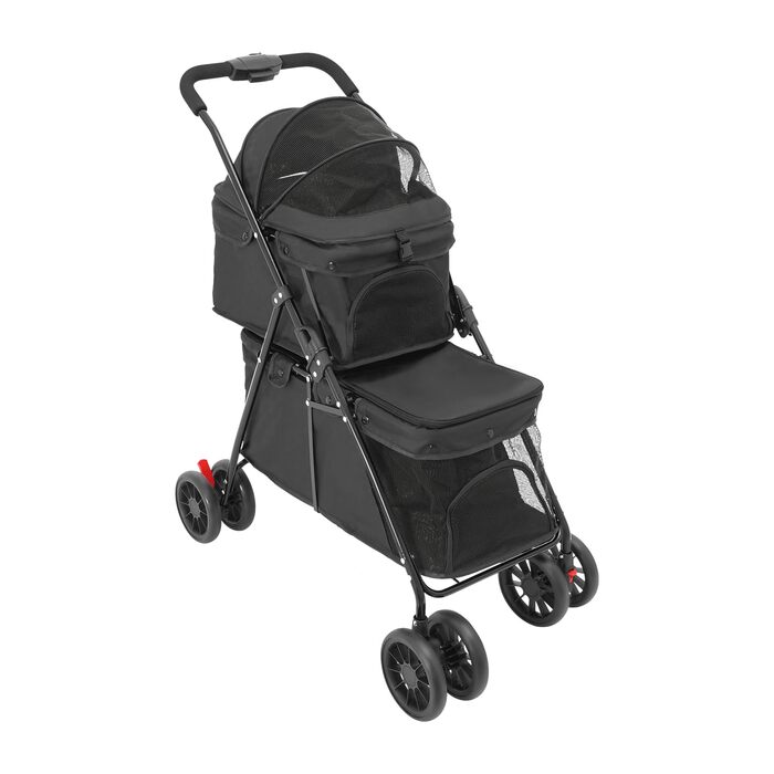 Двошаровий візок для домашніх тварин з сітчастим вікном, гальмом та сумкою для зберігання. Складаний двоярусний візок для собак та котів, вантажопідйомність 15-20 кг (Чорний)