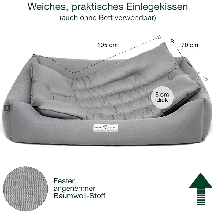 Ортопедичне екологічне ліжко для собак HOUND & NATURE Bern XXL 125x95 см, м'яке, світло-сіре, для великих порід, двостороння подушка, знімний чохол, пране