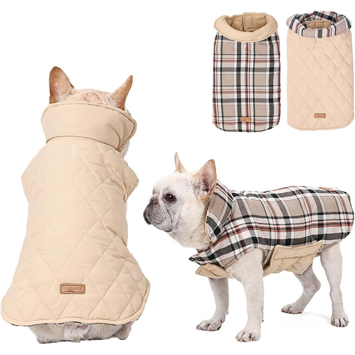 Зимовий одяг для собак, водонепроникна тепла куртка для малих, середніх та великих собак, для активного відпочинку на вулиці з отвором для повідка, двостороння куртка в клітинку, бежевого кольору, розмір L