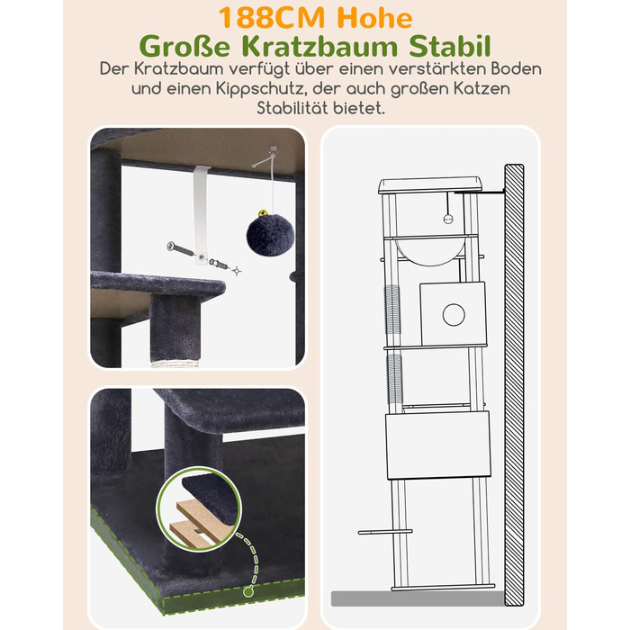 Драбина для котів Globlazer XXL, 188 см, з будиночком, платформами та кошиками. Стабільна, не перекидається, для великих котів. Темно-сірий (S74)