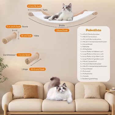 Настінна гамак для котів, комплект для лазіння з масиву дерева з котячою сходинкою - стабільне котяче ліжко, економне місце для сну, лазіння та відпочинку (гамак для котів + 2 сходинки)