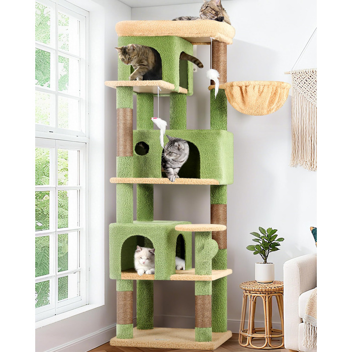 Драбина-будинок для котів Globlazer з кутовою конструкцією, 168 см, 3 будиночки, велика платформа, 5 сизалевих стовпчиків, кошик, іграшки, для 3-4 котів (зелений)