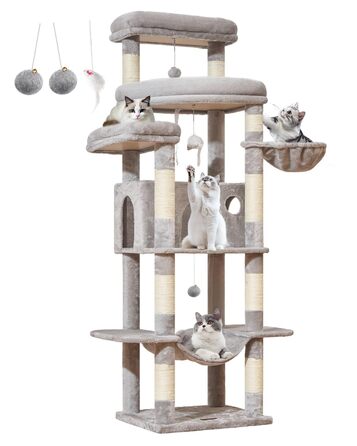 Когтеточка для котів Taoqimiao 180 см XXL, великий котячий комплекс для Maine Coon з будиночком, гамаком, платформами та 9 стійками (світло-сірий)