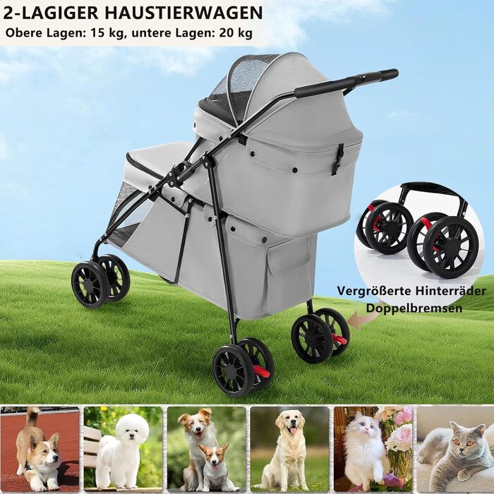 Складаний візок для собак на 2 яруси, переноска для домашніх тварин до 24 кг, візок для собак з сітковими віконцями, ремінь безпеки, 4 колеса, складаний візок для котів та маленьких собак (сірий)