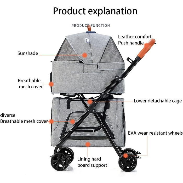 Двоповерховий візок для домашніх тварин, багатофункціональний 3-в-1, візок для котів, складаний візок для собак, для маленьких собак, легко складається, з переднім доступом, візок для 2 собак (сірий, розмір B)