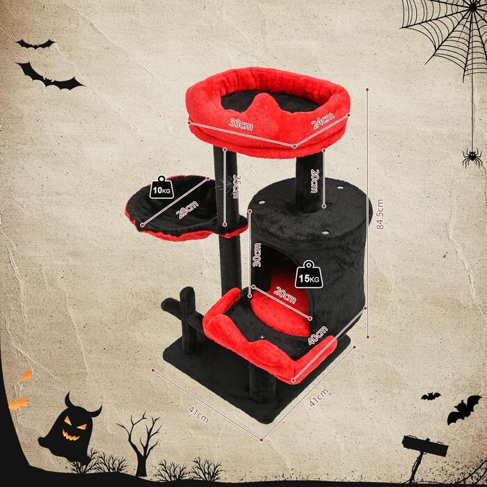 Котячий комплекс Gothic Halloween: стійка кімната з ліжком, будиночком та когтеточками, 84.5 см (Чорний/Червоний)