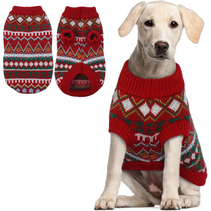 Теплий пуловер для собак середнього розміру з отвором для шлейки, святковий дизайн (червоно-зелений, XXL)