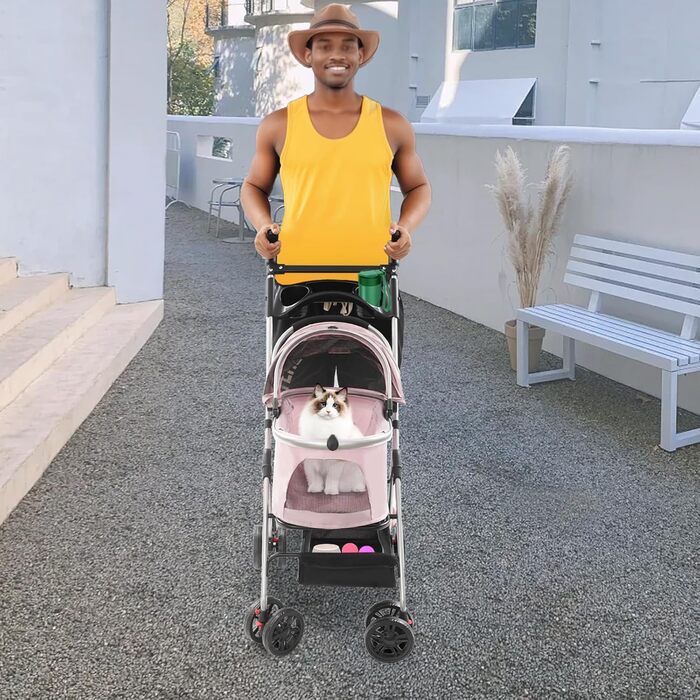 Складаний візок для собак 3-в-1 до 12 кг – Легкий візок для собак з знімним кошиком, регульованою ручкою та повітряним дизайном для маленьких собак та котів (Сакура-Рожевий)