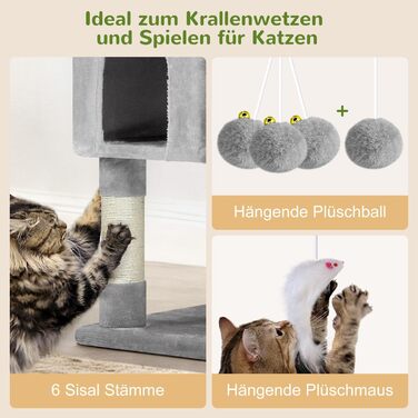 Драбина-кіготь Globlazer XXL 209 см з 3 м'якими стійками, 2 будиночками, 2 кошиками, великою платформою та іграшками для котів. Стабільна, для 3-5 котів.