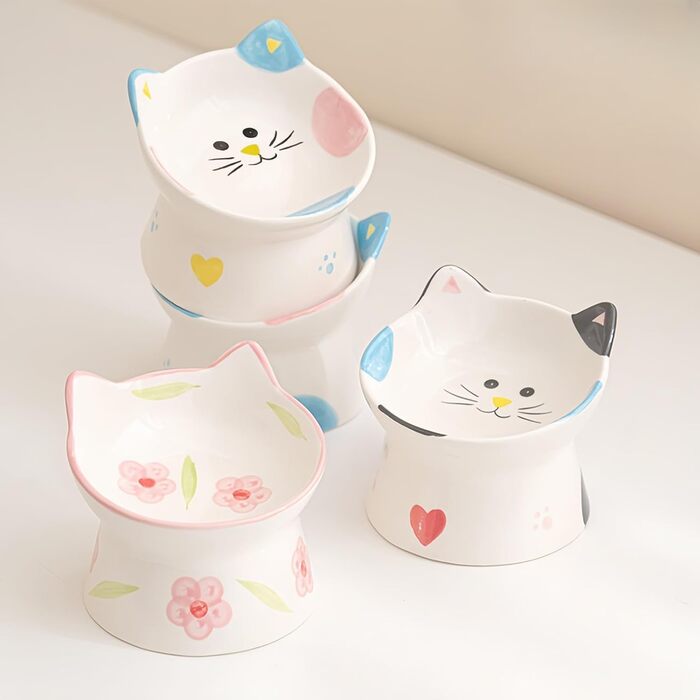 Керамічний годівник для котів з підставкою, нахилений на 15°, захист шиї, чорний/білий