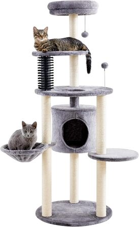 Дерев'яний котячий комплекс Made4Pets 110 см для дому, багаторівнева когтеточка з будиночком, помпонами, м'яким пледом, щіткою для догляду та ігровою зоною, сірий