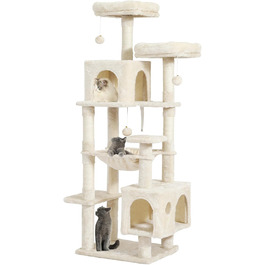 Кігтеточка для котів MSmask велика, стабільна, багатоярусна з 2 платформами, 2 будиночками, гамаком, сизалевими стовпчиками (Бежева, 160 см)