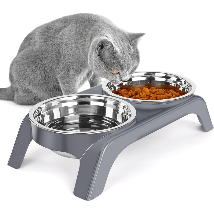 Підвищені миски для котів Befoco, проти блювоти, набір з 2 мисок з нержавіючої сталі, запобігає болю в шиї, миски для котів з ABS-підставкою, протиковзкі, для котів, сірий колір