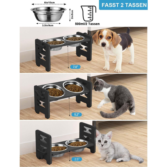 Підвищений годівниця для собак Vantic з підставкою, регульована висота, миска для маленьких собак та котів, міцна годівниця з бамбука з 2 нержавіюними мисками та протиковзкими ніжками (чорний)
