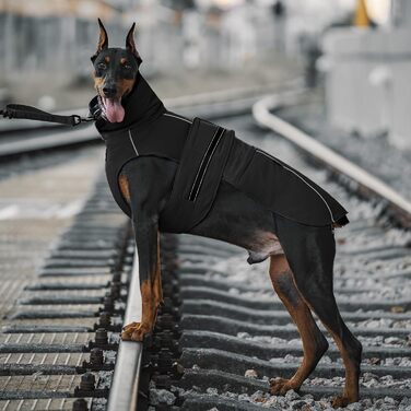 Водонепроникний собачий одяг OneTigris STORMWALL для великих собак, чорний, з флісовою підкладкою та регульованою довжиною, з відбиваючими елементами та коміром з хутра, для прогулянок на природі, розмір L (27-41 кг)