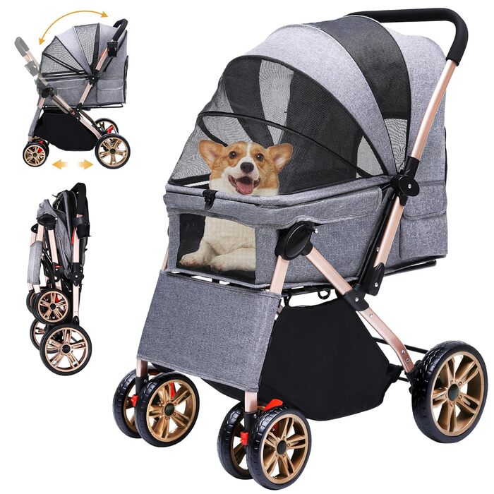 Візок для собак DWVO 3-в-1: візок, переноска, сумка для собак, до 22 кг, сірий (58.5x76x105 см)