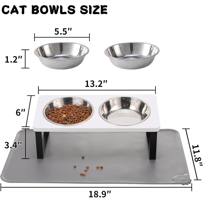 Підвищений годівниця для котів з килимком, нахилений під кутом 15°, миска для їжі та води, що запобігає блювоті, 2 шт. з нержавіючої сталі для котів та цуценят (сірий), 2 миски (білий)
