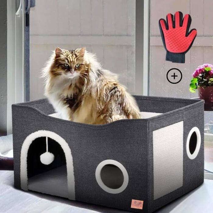 Складаний котячий будиночок B-WaynFlex, двошарова кубічна котяча хатка з великим простором, лежанка для котів з кігтеточкою та іграшковим м’ячем, для малих і середніх домашніх тварин, для дому, з рукавичкою для догляду за шерстю котів і собак