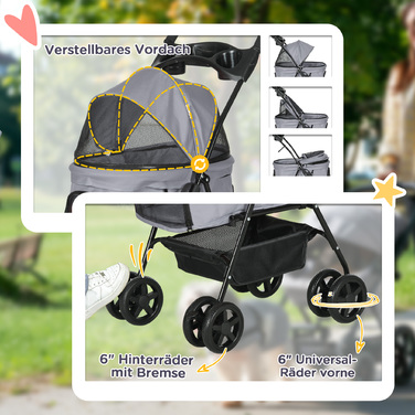 Коляска для собак PawHut Dog Buggy Folding Function Коляска для маленьких собак і кішок Oxford Grey 67x45x96 см, складна та легка