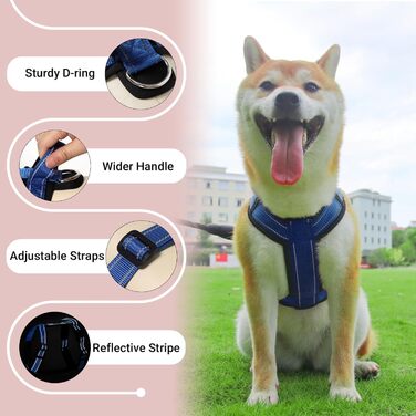 Шлейка для собак середнього розміру, світловідбиваюча, анти-тяга, з м'якою підкладкою та ручкою, для собак та цуценят (S, блакитна)