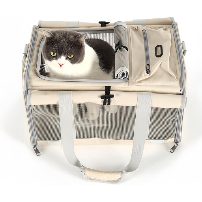 Велика переносна сумка для котів, собак, цуценят до 8 кг, з безпечними замками та регульованим плечовим ременем. Дихаюча, складана сумка-переноска для подорожей, до ветеринара, в авто та літак (Бежевий)