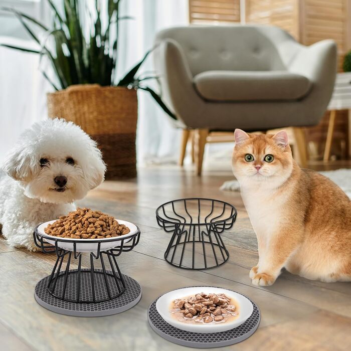 Підвищені годівниці для котів 2 шт. з металевим стійкою, силіконовою підкладкою, керамічні миски для котів та маленьких собак