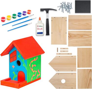 DIY годівничка для птахів: набір для збирання та розмальовки. Комплект включає молоток, цвяхи, фарби та інструкцію. Ідеально для дітей. Бренд Skylark