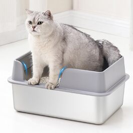 Мала котяча туалетна з нержавіючої сталі 50x35x20 см з кришкою та совком, металева сіра лоток для котів, легка у догляді