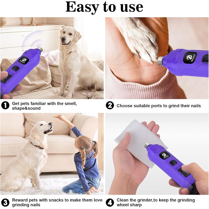 Шліфувальник для собак Bousnic Krallenschleifer: тихий електричний триммер з LED-підсвічуванням для собак та котів середніх та малих порід, фіолетовий
