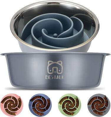 Миска для собак 2-в-1 Slow Feeder з нержавіючої сталі Bestalk, миска для їжі та води з антиковзним дном, 304 сталь, сірий колір, об'єм 1.5 чашки