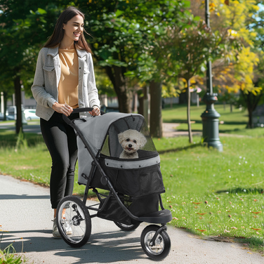 PawHut Коляска для собак Jogger Dog Buggy складна для маленьких собак і кішок до 10 кг Котяча баггі з 3 великими гумовими колесами, подушками, сіткою, вікнами, кошиком для зберігання, Котяча коляска з повідцями, Сірий | Аосом