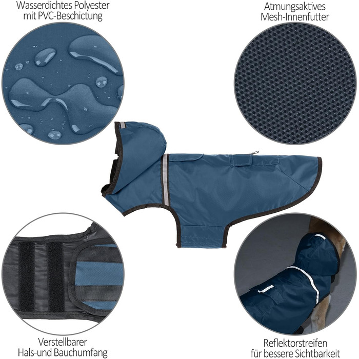 Водонепроникна куртка для собак KoKoBin з капюшоном, світловідбиваючими елементами, легка та дихаюча, для середніх та великих собак (M, сіро-блакитний)