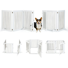 Захисний забір для собак COSTWAY, 6 секцій, з дверцятами, 80 см, дерев'яний та нержавіючий, для каміну/сходи, білий