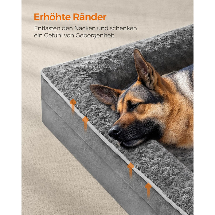Ортопедичне ліжко для собак Feandrea, середнього розміру, водонепроникне, знімний плюшевий чохол, 91 x 68 x 16 см, PGW252G02 (XXL 122 x 85 x 16 см, сірий)
