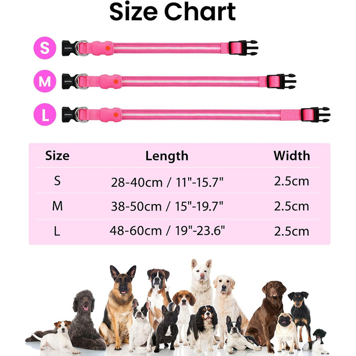 Світлодіодна нашийник для собак ASBRILL, перезарядна, 7 кольорів RGB, 8 світлодіодів, регульована, вологостійка, для маленьких, середніх та великих собак, (M, Рожевий)