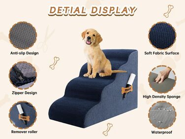 Сходинки для собак та котів Romrol – 4 сходинки, м'який Memory Foam, неслизьке покриття, для захисту суглобів, синій