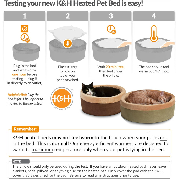 K&H Thermo-Kitty — підігрівальне ліжко для котів, маленьке, 40,6 см, мокко/світло-коричневе, електричне, затишне спальне місце для домашніх тварин