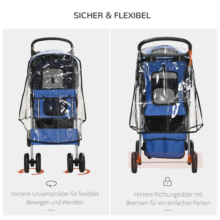 Візок для собак PawHut, блакитний, 75 x 45 x 97 см, до 10 кг, з регульованим козирком